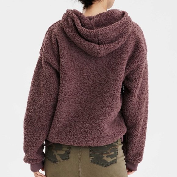 American Eagle Fluffy Sherpa Hooded Teddy Sweater in Dark Plum - Picture 2 of 6